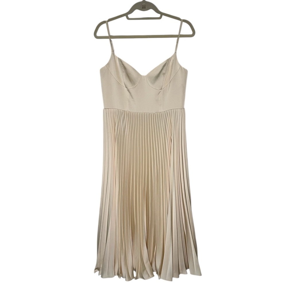 Azazie Atelier Emma Stretch Satin Pleated Midi Dress Corset Cream 10 - Picture 7 of 17